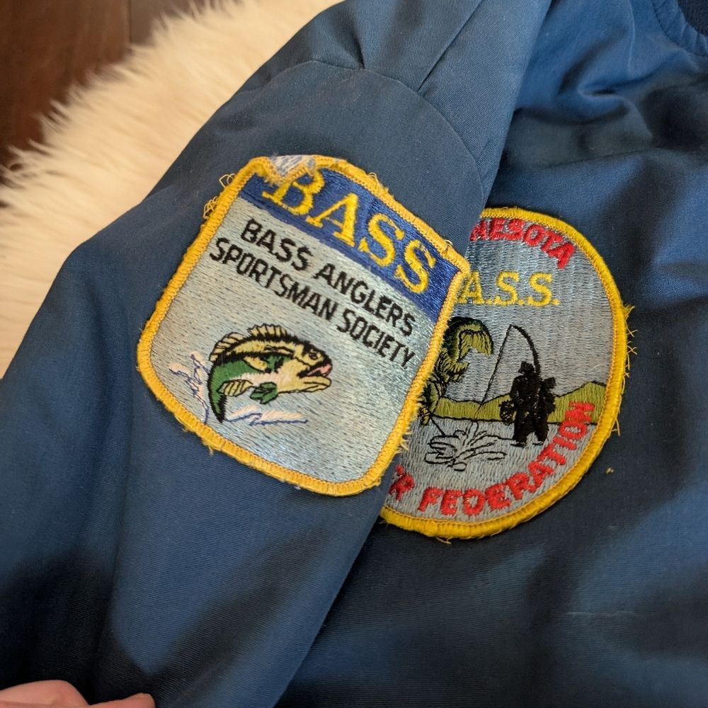 Vintage Bomber Jacket Bass Master Vern Navy Blue Men's Embroidered Patches XL - Picture 4 of 7